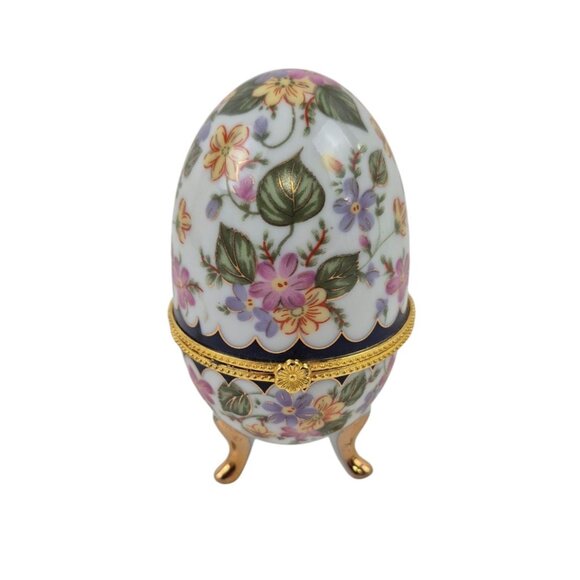 Egg Trinket Box Vintage Floral Porcelain Gold Accents Hinged Lid Tripod Legs - Picture 5 of 10